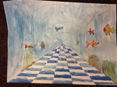 1 Point Perspective Aquarium Using A Pencil Ruler And Watercolour