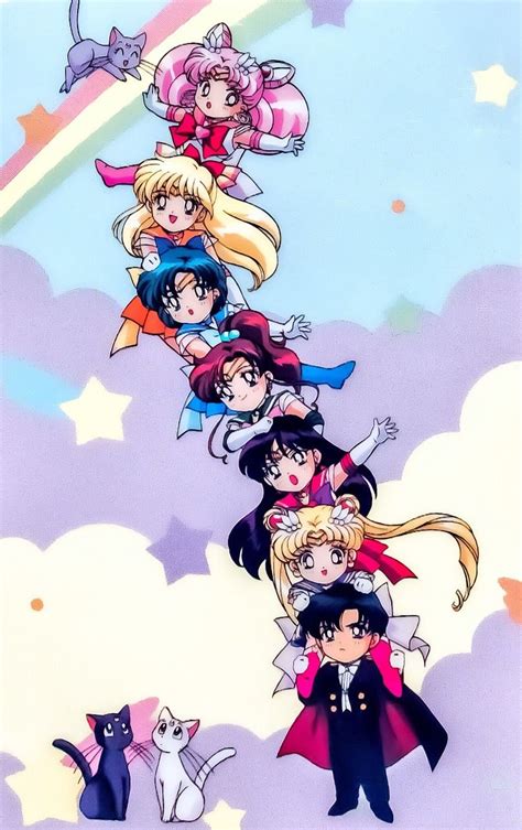 Sailor Moon And Other Anime Characters Are Lined Up In The Sky With Rainbows Behind Them