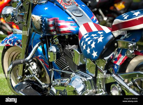 Harley Davidson Motorcycle With Custom American Flag Paint Work Stock