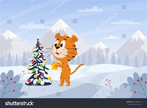 Cute Cartoon Tiger Snowman Winter Landscape Stock Vector Royalty Free