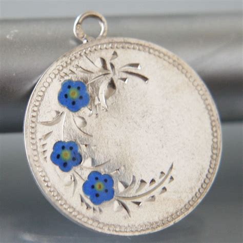 Victorian Engraved Forget Me Not Flowers Enameled Charm Enamel
