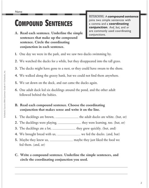 Compound Sentences Grammar Practice Grade Printable Test Prep Tests And Skills Sheets