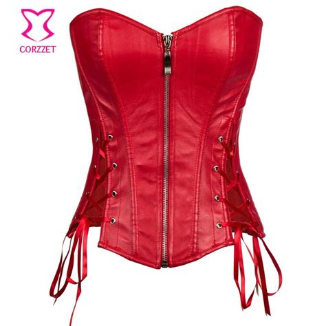 side lace up red faux leather corset bustier top punk overbust corsets and bustiers sexy gothic