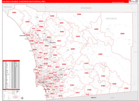San Diego Carlsbad Ca Metro Area Zip Code Wall Map Red Line Style By