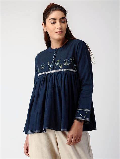 Navy Blue Pleated Handwoven Cotton Top With Embroidery Blouse Designs
