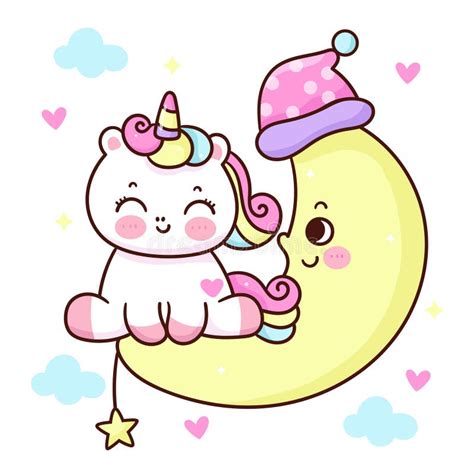 Cute Unicorn Cartoon Sleep On Moon Series Kawaii Animal Pony Isolated