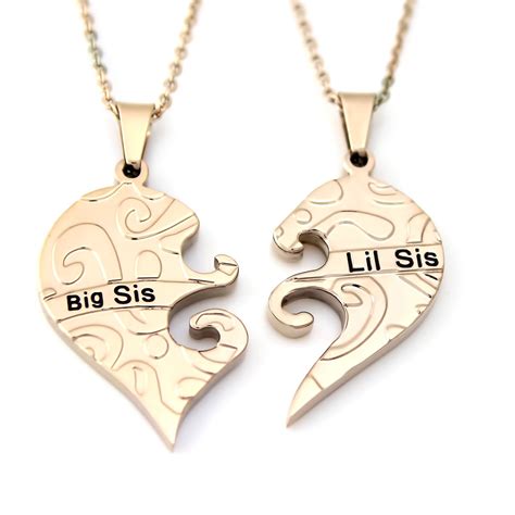 precious metal without stones 14k solid yellow gold big little sister half heart pendant love