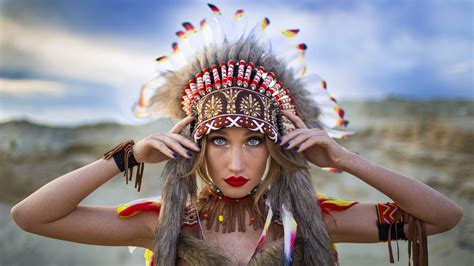 Download Lipstick Portrait Face Feather Model Woman Native American Hd Wallpaper