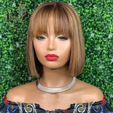 Highlight Bob Wig X Lace Front Shot Human Hair Wigs With Bangs Brown