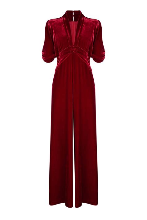 Sumptuous Vintage Style Red Silk Velvet Jumpsuit By Nancy Mac