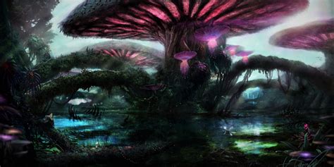 Fantasy Forest Magical Mushroom Purple Tree Wallpaper 3000x1500