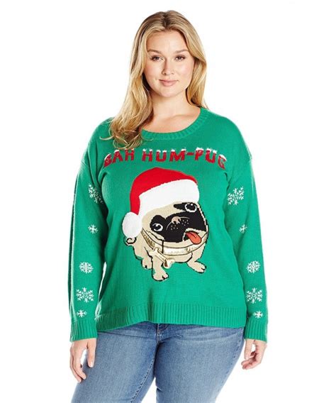 Women S Plus Size Bah Hum Pug Ugly Christmas Sweater With Fuzzy Hat And