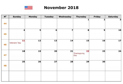 20 November 2018 Calendar With Holidays Free Download Printable