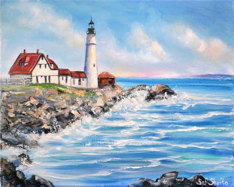 Lighthouse Oil Painting On Canvas Seascape Wall Art Portland Etsy