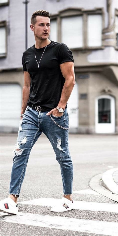 How To Wear Ripped Jeans Like A Street Style Star Jeans Outfit Men Blue Jeans Outfit Men