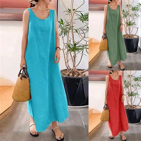 Vintage Cotton Linen Long Dresses For Women Summer Solid Color