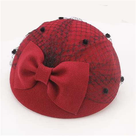 British Black Bow Wool Pillbox Hat For Women With Veil Fall Winter