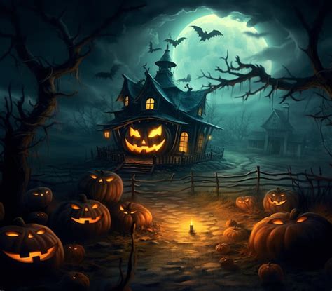 Premium Ai Image Halloween Scene With Pumpkins And A Creepy House In