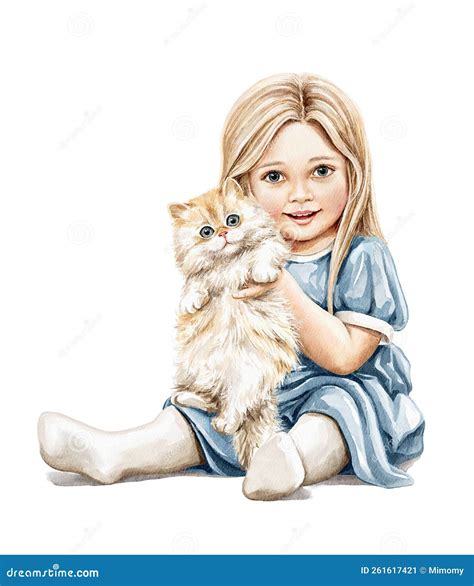 watercolor imaginary characters cartoon small girl with blond hair in dress sits and holding cat