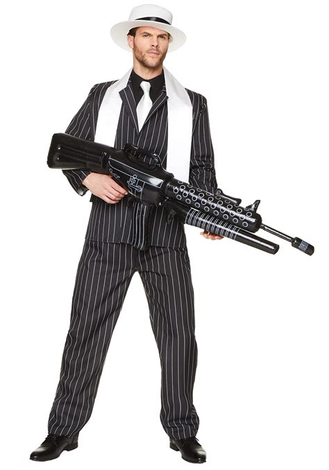 Kostüme Suit T Shirt Gun And Cigar Mens Stag Do Party 4pc Gangster Set