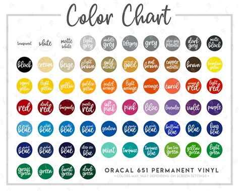 Oracal 651 Permanent Vinyl Color Chart 64 Colors Etsy Singapore