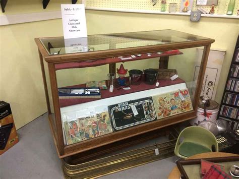 Antique Oak And Glass Display Case With Two Shelves Suburban Antiquarian