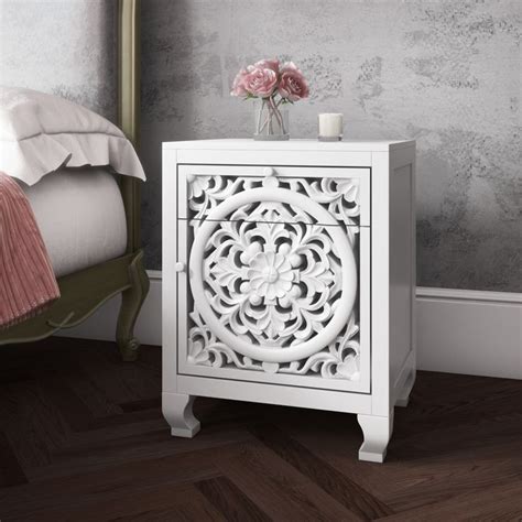 Fraya White Bedside Table With Hand Carved Floral Flower Design