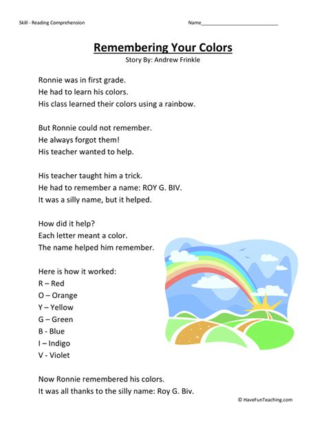 Remembering Your Colors Reading Comprehension Worksheet By Teach Simple