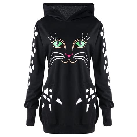 Women Cat Printed Sweatshirt Hoodie With Cat Ears Pockets Casual Hooded
