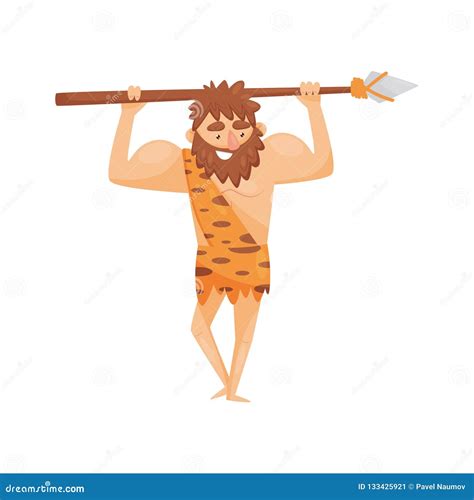 Stone Age Prehistoric Man With Spear Primitive Cavemen Cartoon Character Vector Illustration On