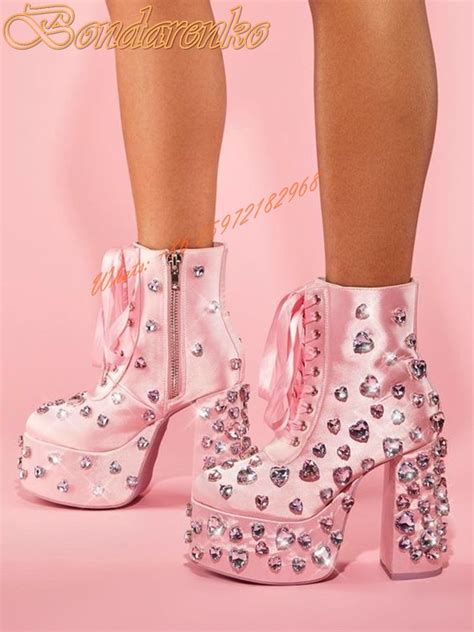 Sweet Pink Crystal Gem Ankle Boots Heels Cute Shoes Heels Platform Boots
