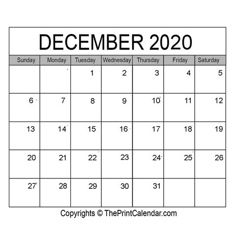 December 2020 Printable Calendar Template Pdf Word And Excel