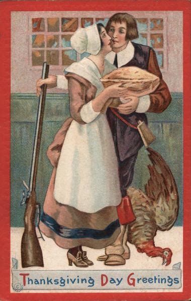 Thanksgiving Day Greetings Pilgrims Postcard