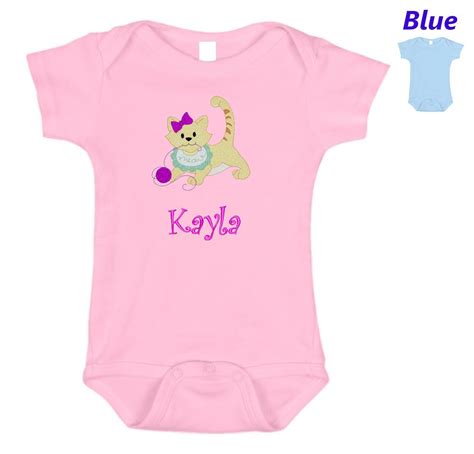 Personalized Baby Onesie Pink Blue Embroidered Baby Kitten Cat Etsy