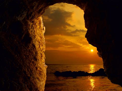 View Of The Sunset From Ocean Cave Wallpaper And
