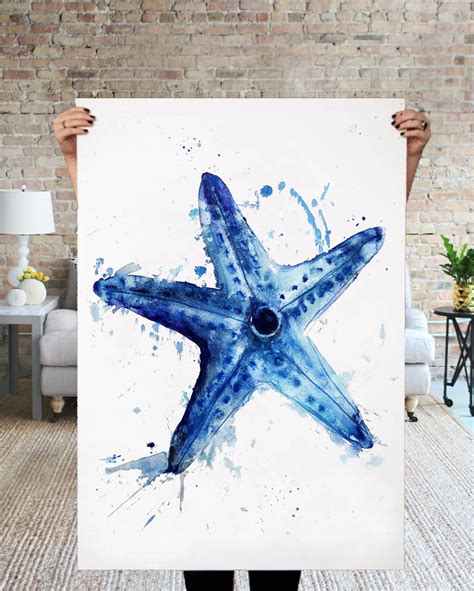 Original Watercolor Starfish Painting Blue Sea Star Painting Etsy