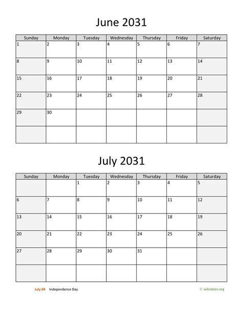 June And July 2031 Calendar