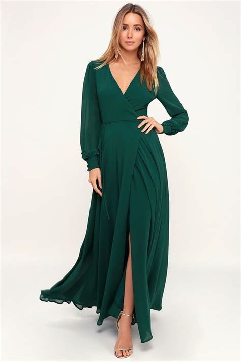 Glam Green Dress Maxi Dress Wrap Dress Long Sleeve Dress 57 OFF