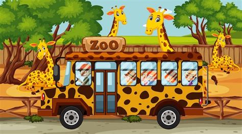 Premium Vector Safari Scene With Many Giraffes And Kids On Tourist Bus