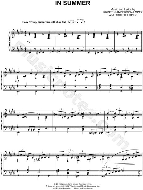 In Summer From Frozen Sheet Music Piano Solo In E Major