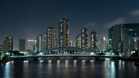 Skyscrapers Bridge Night City River Tokyo Japan 4k