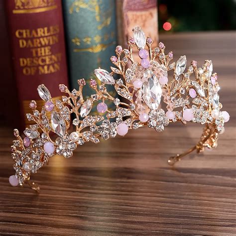 Handmade Gold Crystal Pink Bride Princess Tiara Crown For Wedding Women