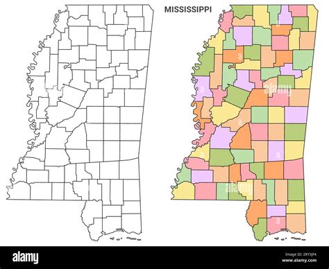 Mississippi Counties Outline Map Set Illustration Version Stock Photo