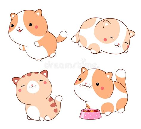 Set Of Cute Fat Cats Kawaii Style Collection Of Lovely Little Kitty In
