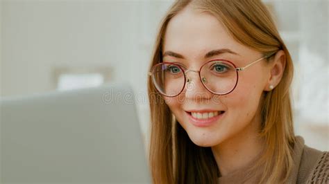 Close Up Caucasian Woman Female Face Girl In Glasses Eyes Look At Laptop Screen Freelancer