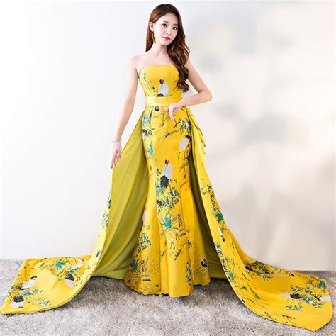 Buy Yellow Satin Embroidery Chinese Fashion Dress