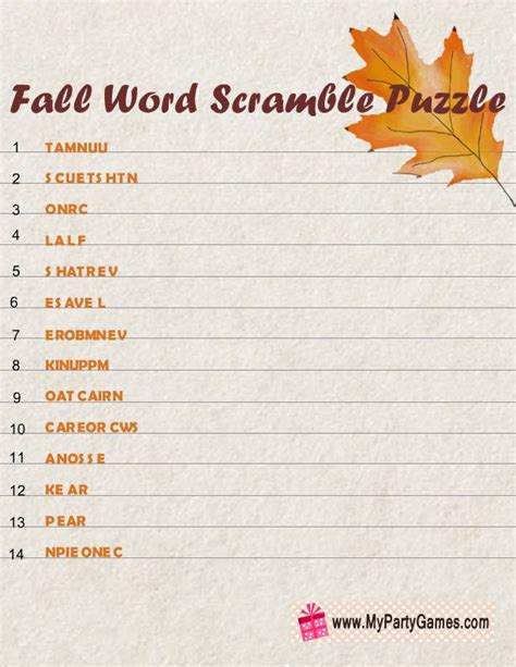 Free Printable Fall Word Scramble Puzzle Fall Words