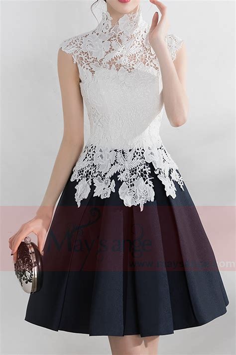 High Collar Short Black And White Cocktail Dress With Lace Bodice
