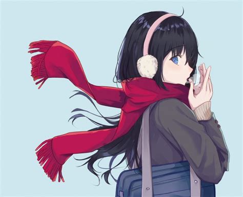 Wallpaper Red Scarf Black Hair Anime Girl Profile View