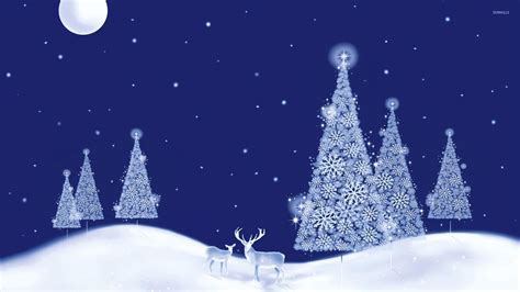 Glowing White Christmas Trees On A Beautiful Winter Night Wallpaper